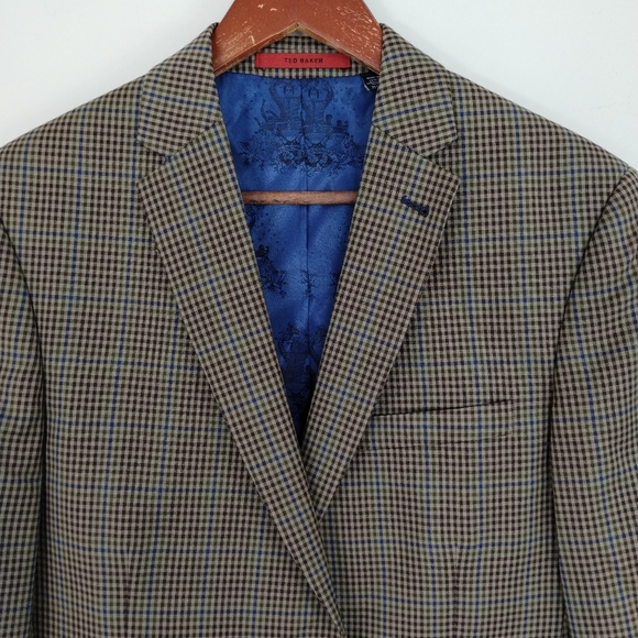 Ted Baker No Ordinary Joe Blazer Mens Size 40R Brown Checks Lined Wool Office - Picture 2 of 13
